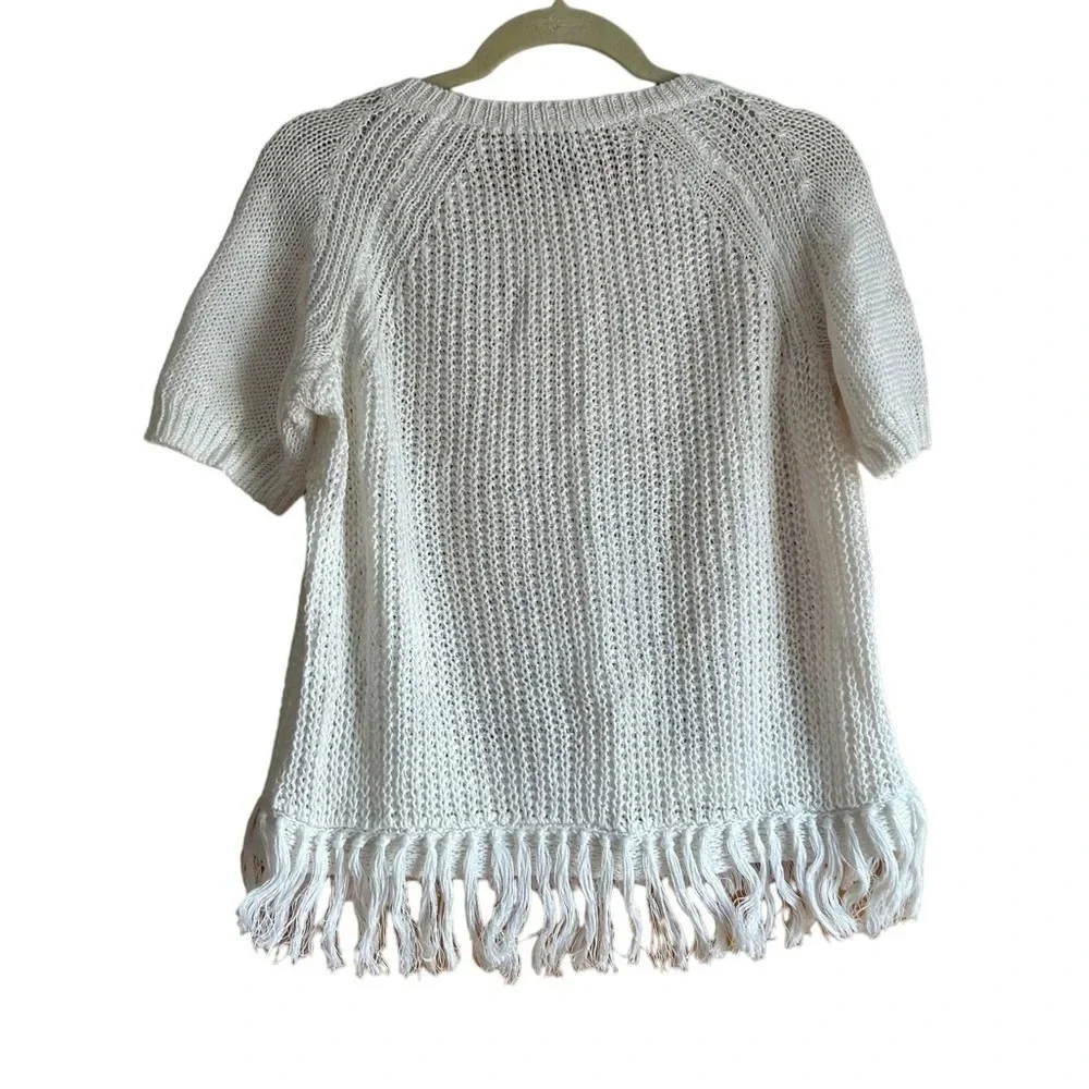 J.CREW WHITE LINEN FRINGE SHORT SLEEVE SWEATER